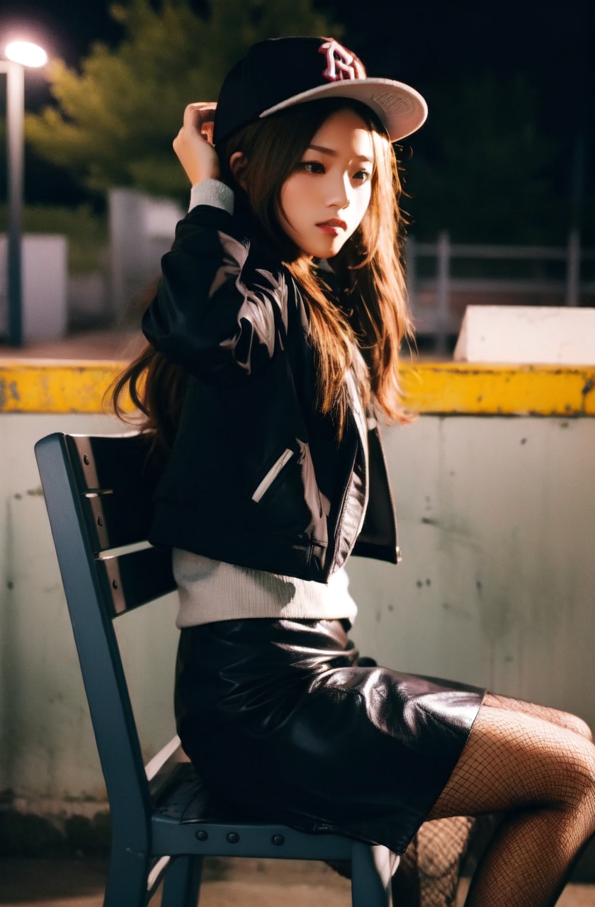 masterpiece,best quality,absurdres,1girl,solo,brown hair,realistic,long hair,Silver skirt,baseball cap,fingerless gloves,night,jacket,fishnet pantyhose,from side,chair,railing,dark,upper body,arm up,sitting, chair