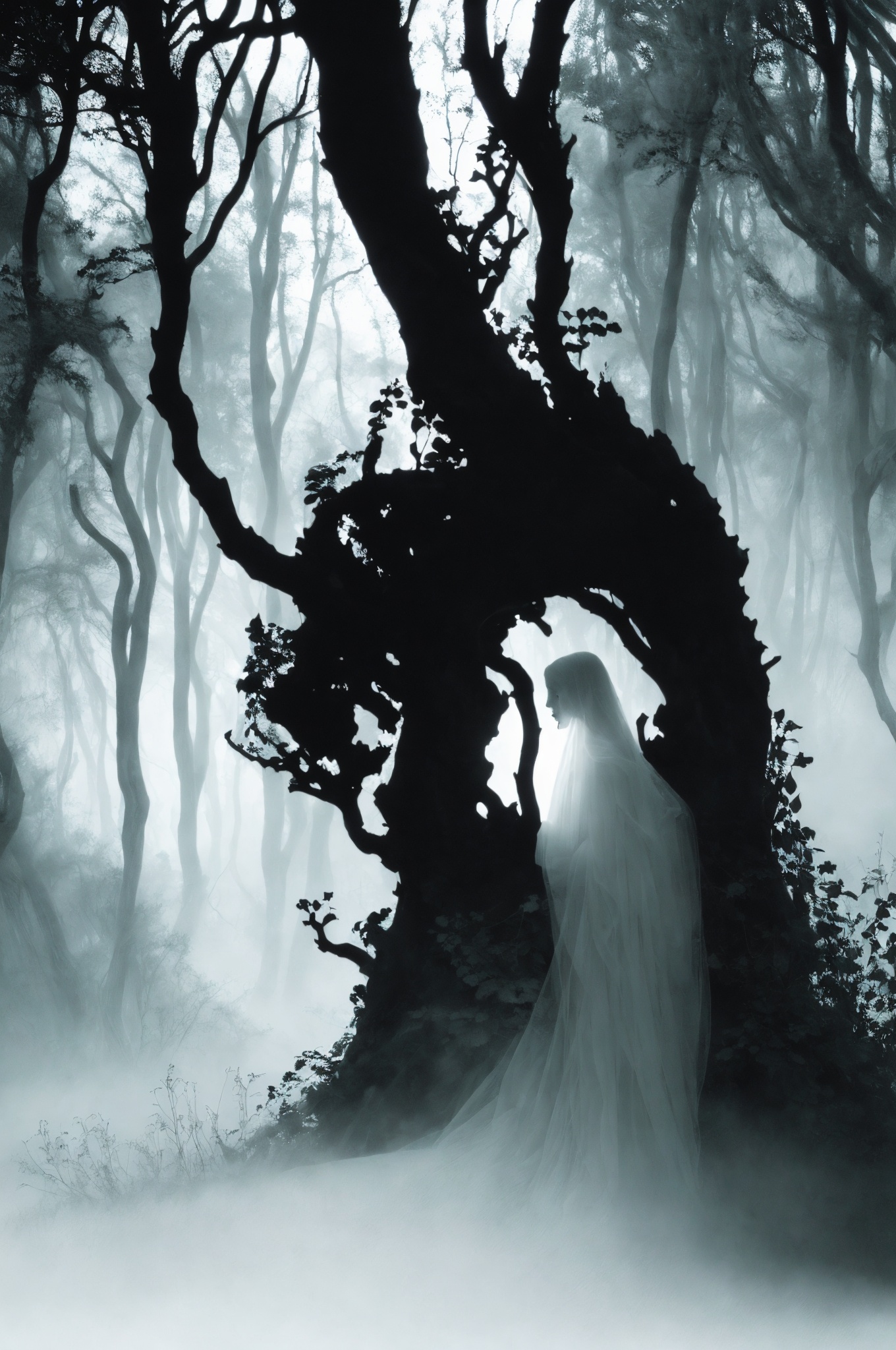 (masterpiece, top quality, best quality, official art, beautiful and aesthetic:1.2) ,cover art, silhouette style Ghostly [The El Capitan:The Mirkwood Forest:1], high contrast, minimalistic, black and white, stark, dramatic