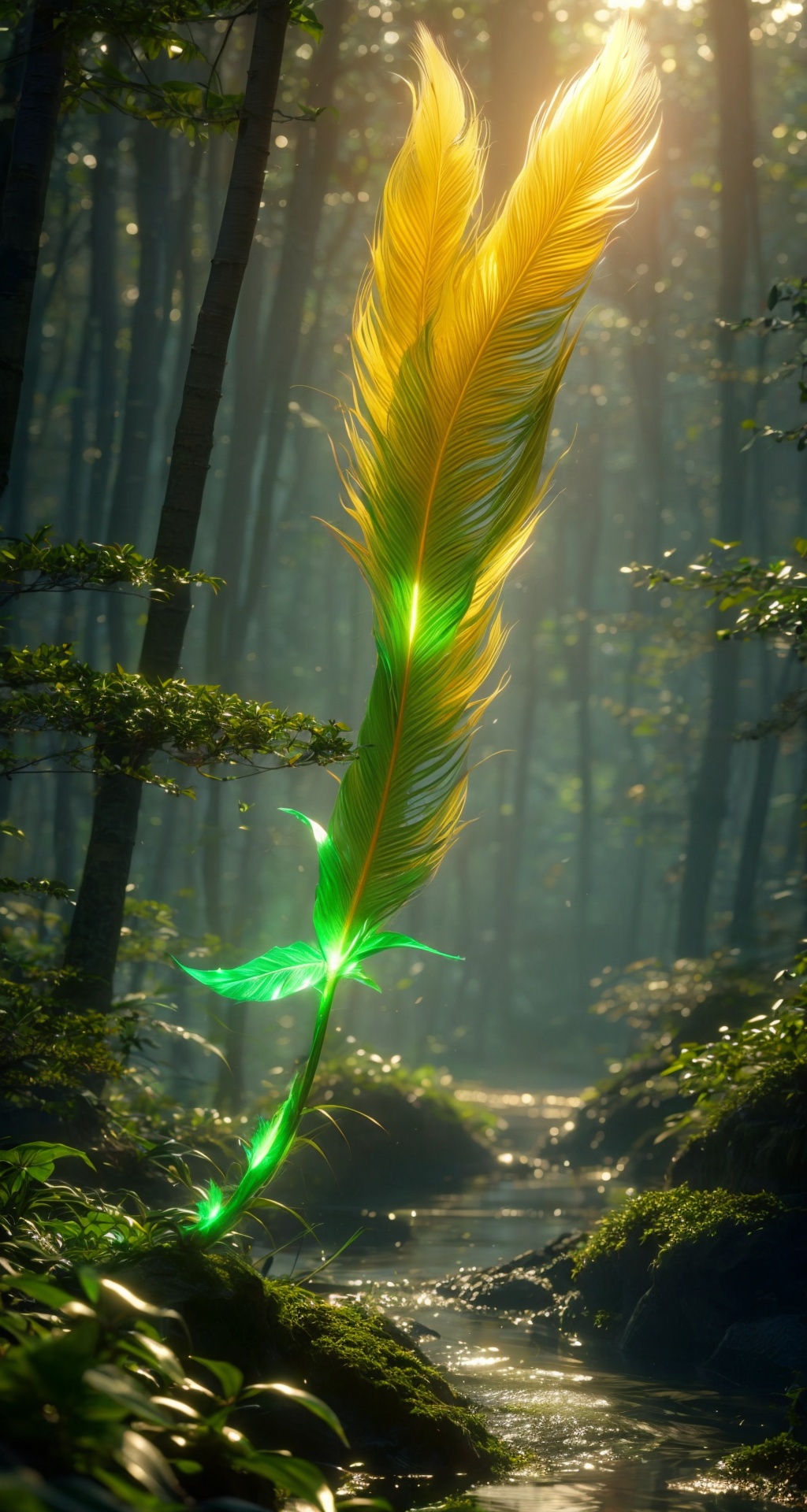 <lora:add_detail细节增加:1.5>,<lora:法宝:0.8>,fabao,novady,no_humans,weapon,fantasy,glowing,(detailed light) , feather, leaves, nature, (sunlight), river, (forest),(bloom),