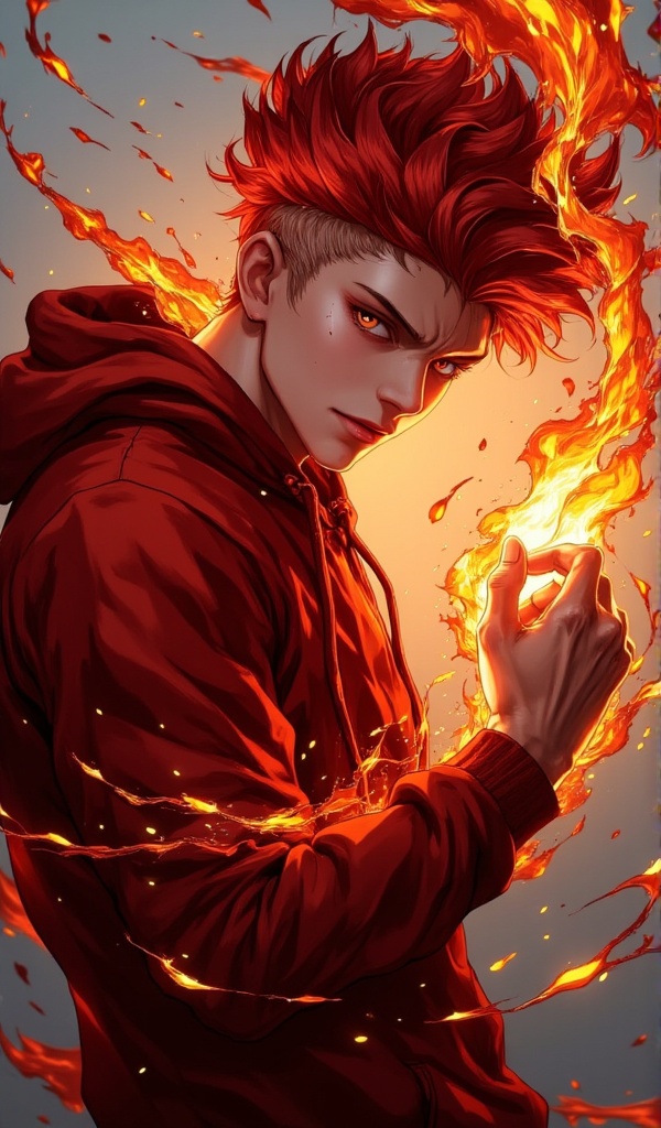 Confident 18-year-old boy with fiery red hair, red hoodie, detailed painting of fighting posture (fire magic), and fire shooting out of his hands, mechpp