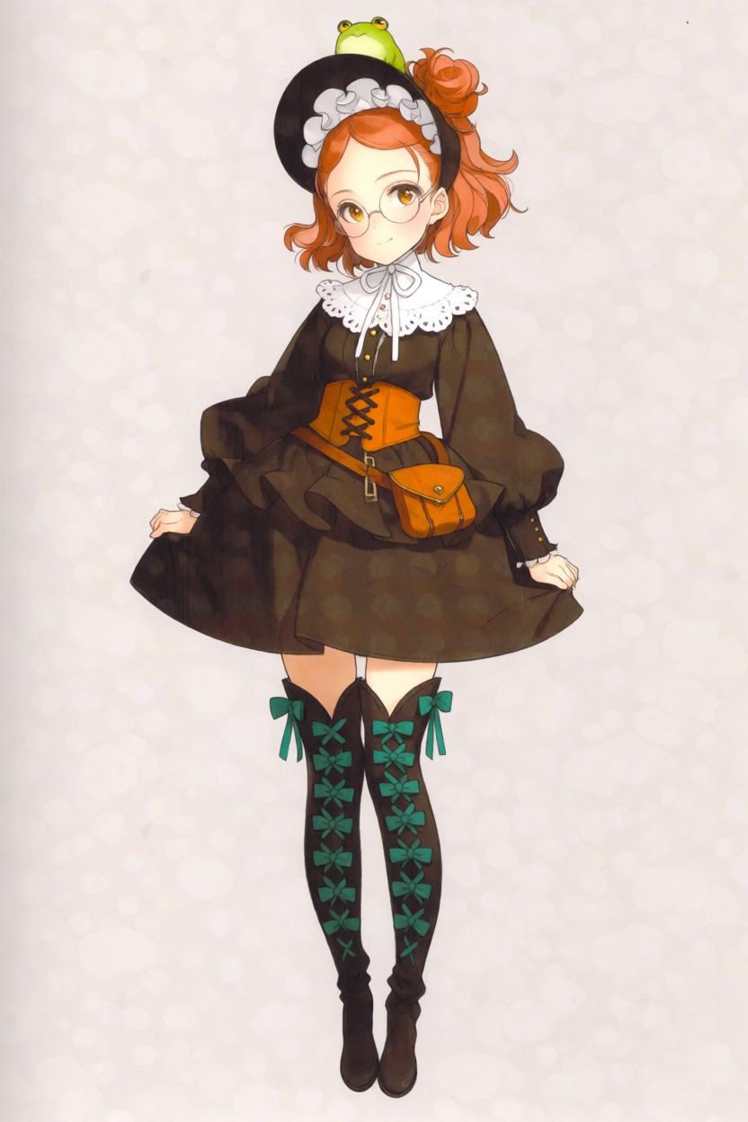 Full body anime concept art of Margarita Surprise from GrimGrimoire. A young teenage sorceress girl with fluffy ginger-ora...