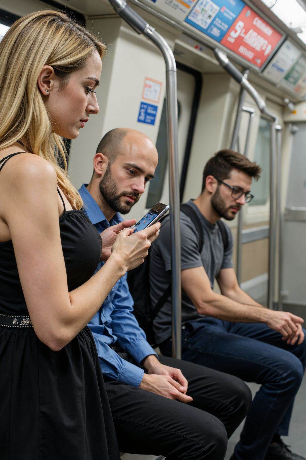 A photograph captures three young adults on a subway train. The woman with long blonde hair and fair skin, wears a strapless black dress with a belt, holding a smartphone. Beside her, a bald man in a blue shirt and black pants looks at his phone, while a glasses-wearing man in a gray shirt and black backpack sits behind them. The train's interior is modern, with metallic handrails and digital advertisements.