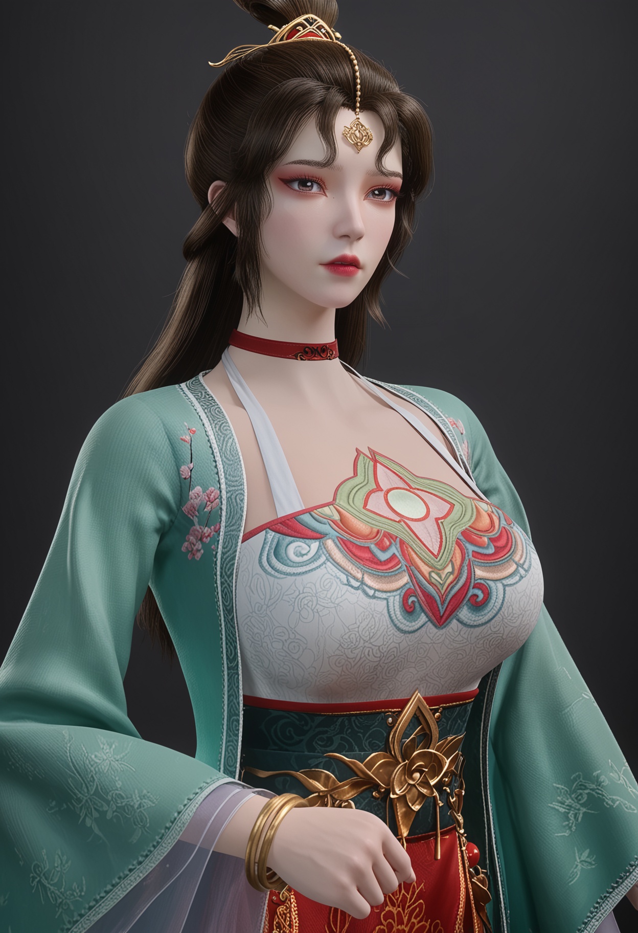 (gigantic breasts:0.6),(upper_body:1.2),(looking at viewer:1.1),facing viewer,direct gaze,<lora:YQ_pony_yunmo_V4:0.8>,q1528437228,1girl,solo,black hair,long hair,choker,red choker,hair ornament,dress,chinese clothes,long sleeves,jewelry,forehead mark,bracelet,wide sleeves,hair bun,brown hair,mole under eye,brown eyes,eyeshadow,red footwear,BREAK simple background,pure black background,black background,perfect anatomy,