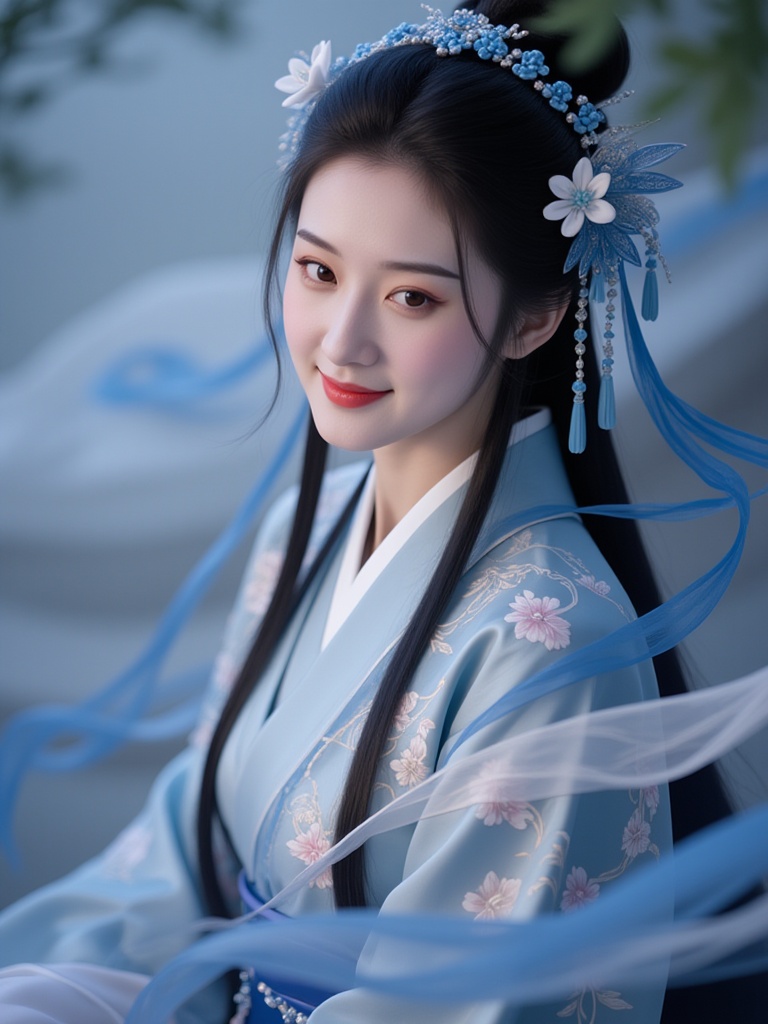 hfxnsas,a beautiful Asian woman with long black hair, wearing a traditional blue kimono with floral patterns and a blue headpiece adorned with flowers. She has a gentle smile and is looking slightly to the side. The background is a soft, blurred blue with a hint of greenery. The lighting is soft and natural, highlighting her delicate features and the intricate details of her outfit. The image has a high-quality, professional feel with a focus on the woman's beauty and elegance.<lora:S-T-汉服仙女-S1.5:1>