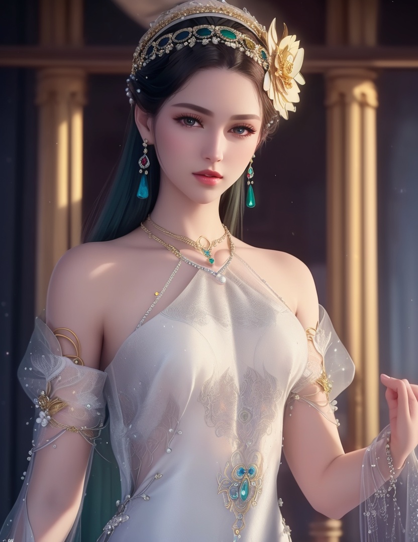 ultra realistic 8k cg, picture-perfect face, flawless, clean, masterpiece, professional artwork, famous artwork, cinematic lighting, cinematic bloom, perfect face, beautiful face, fantasy, dreamlike, unreal, science fiction,  beautiful clothes, lace, lace trim, lace-trimmed legwear,  (rich:1.4), prestige, luxury, jewelry, diamond, gold, pearl, gem, sapphire, ruby, emerald, intricate detail, delicate pattern, charming, alluring, seductive, erotic, enchanting, hair ornament, necklace, earrings, bracelet, armlet,halo((,1girl, pov,))(((,  1girl,  solo,looking at viewer, ))),(((1girl, solo, dress, jewelry)))<lora:DA_WhiteSnakeGreenSnake:0.7>