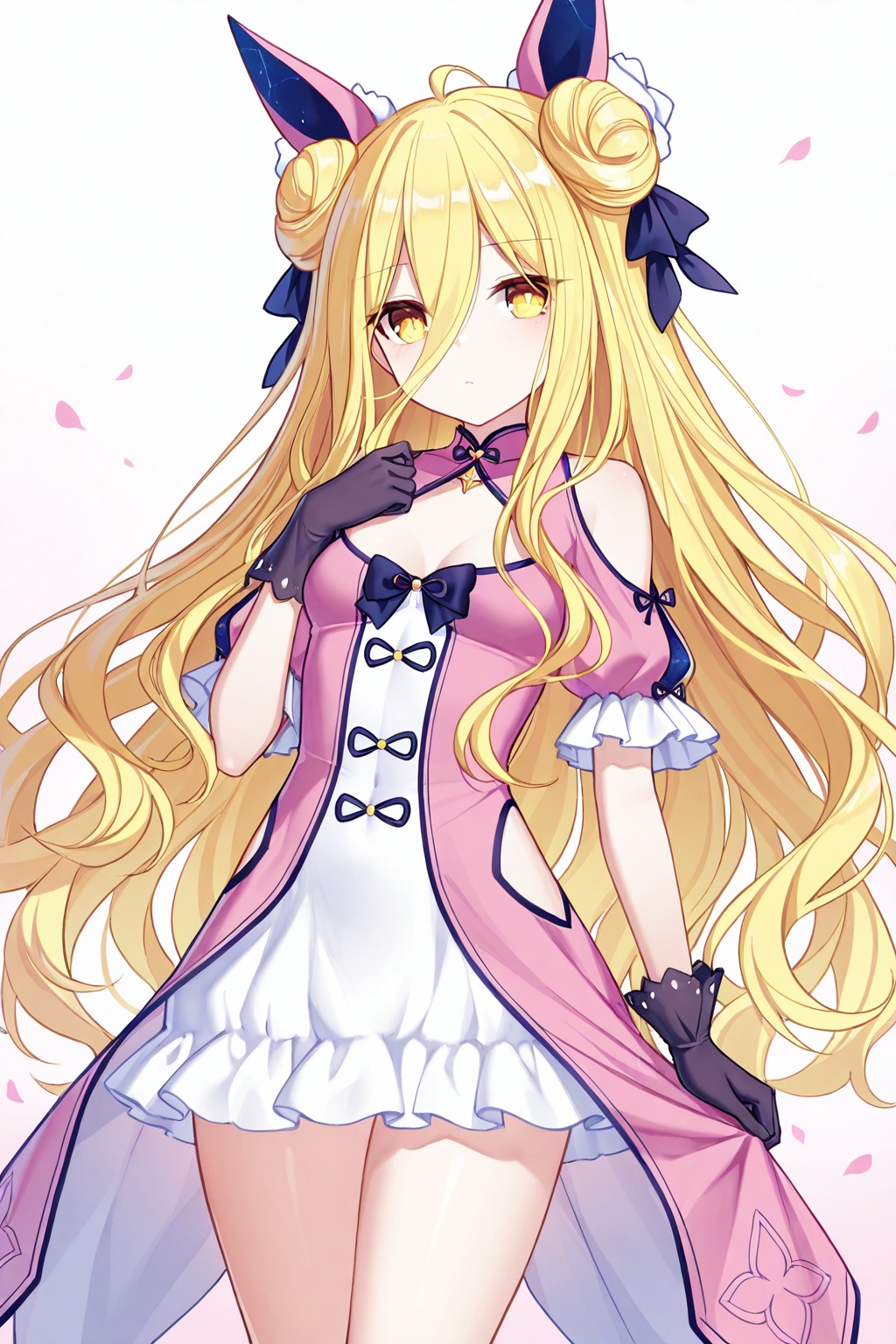 masterpiece, best quality, newest, absurdres, highres,(quan \(kurisu tina\):0.6, ),(chen bin:0.5),(rimuu:0.5),(mignon:0.5),(sheya:0.5),,petite pretty little girl,  mukuro(equip), 1girl, blonde hair, long hair, yellow eyes, messy hair, dress, double bun, gloves, clothing cutout<lora:mukuroXLNAI-000010:1>