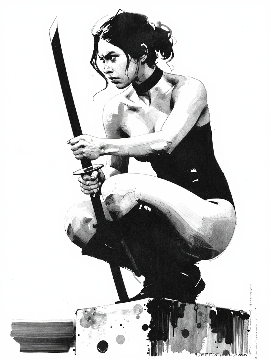 Kaljedef art style: A monochrome illustration featuring a female warrior crouched atop a weathered stone pedestal,  grippi...