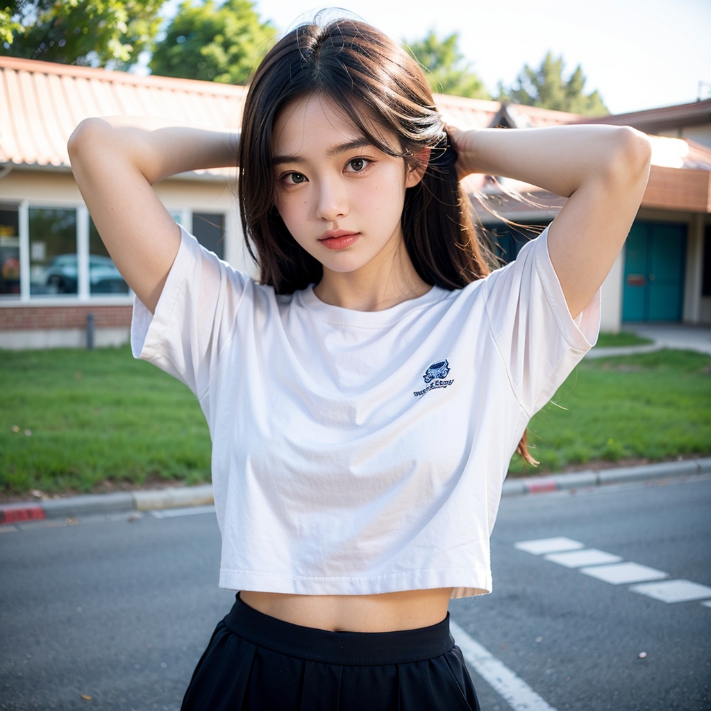 wear like a high school student，arms behind head