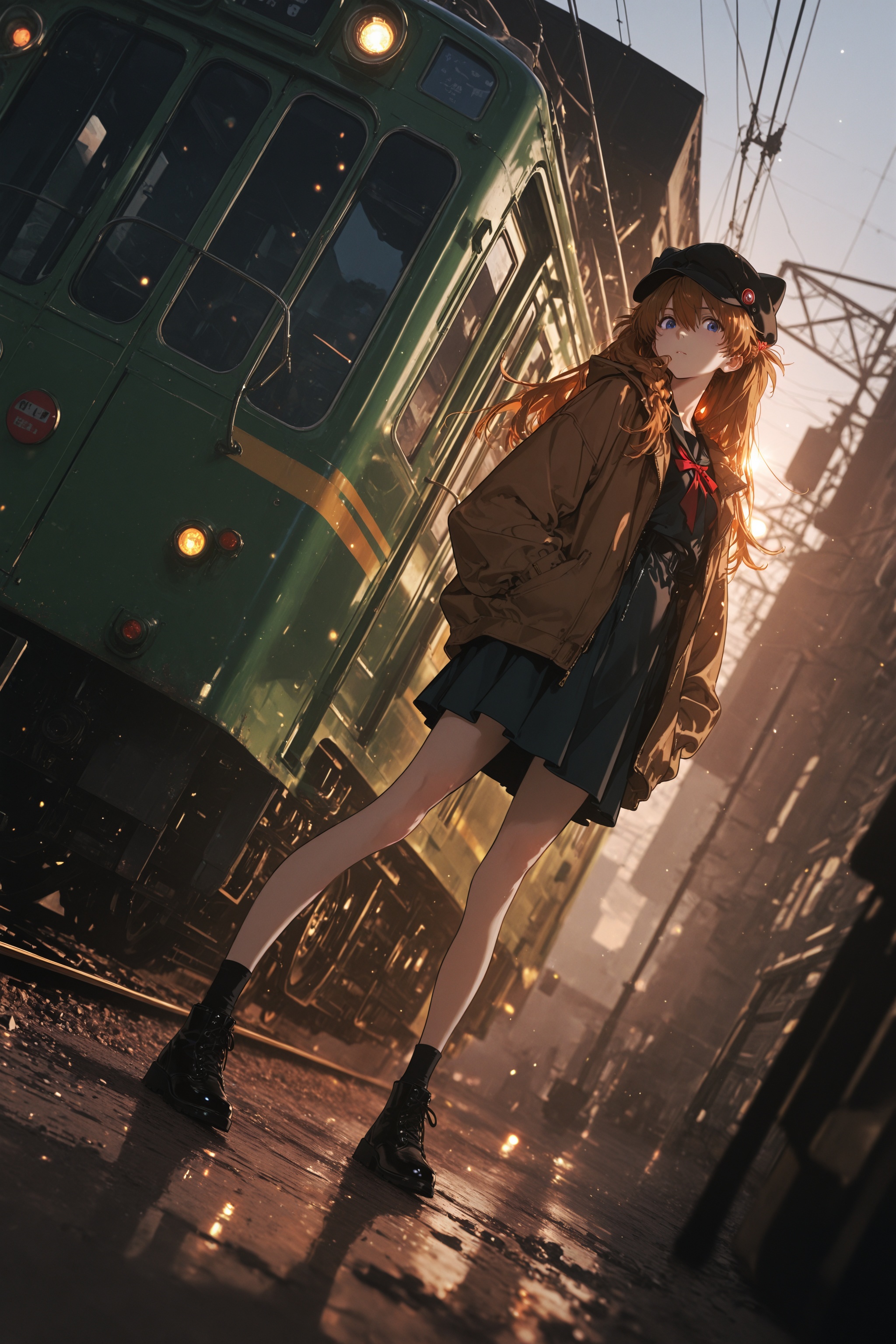 yoneyama mai:0.365,souryuu asuka langley,masterpiece,best quality,amazing quality,very aesthetic,absurdres,newest,extreme aesthetic,in the style of fashion photography,light particles,cinematic lighting,Visual impact,sharp focus,Emotionalization,depth of field,dutch angle,scenery,1girl,solo,looking at viewer,skirt,hat,jacket,braid,outdoors,ground vehicle,motor vehicle,train,