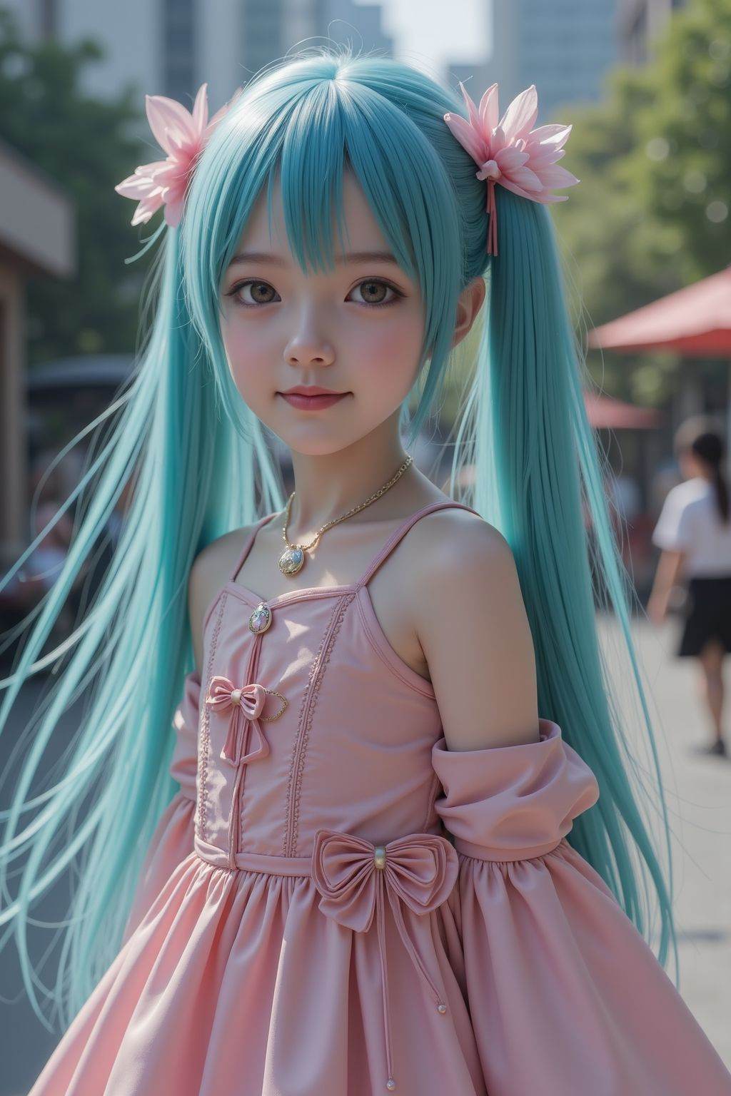 HDR photo of cinematic film still,young girl,hatsune miku,smile,full body,dress,outdoors,