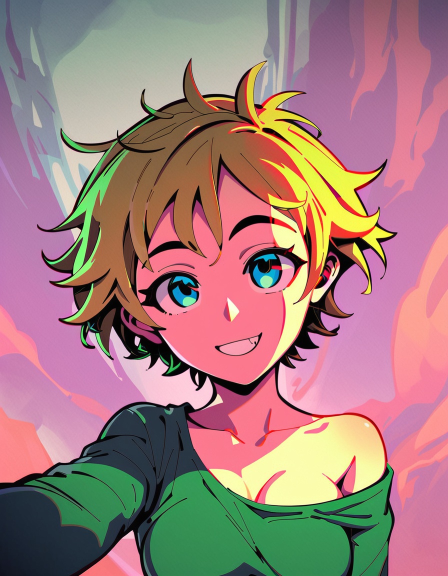score_9,score_8_up,score_7_up,1girl,fluffy short hair,green theme,yellow hair,messy hair,film grain,fog,Tyndall,in the gardon,Looking Up,fisheye lens,selfie,surrounded by  cliff edge,offshoulder,soft light,rim light,beautiful shadow,low key,(cleavage:0.8),in the dark,film,polaroid,graininess,smile,cold,Grainy,