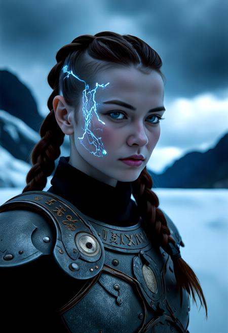 A captivating image emerges, focusing on a vikingpunk warrior-princess with her presence commanding attention in the icy wasteland. Her futuristic viking armor based on traditional viking armor, a seamless fusion of technology and her athletic form, slim-athletic form highlights her strength and agility. The warrior's twin braids with shaved sides, frames her determined expression, while her piercing eyes bore into the viewer. Ancient runes are etched into her battleaxe and armor, crackling with mystical glowing energy. The frozen landscape, a testament to her people's resilience, stretches into the distance, where dark, ominous clouds partially veil the rugged mountainous pass, filling the air with crispness and the promise of lightning. This artwork, with its Nordic and Viking-inspired elements, captures the essence of a powerful futuristic figure, seamlessly blending ancient traditions with futuristic innovations. Beauty, chiaroscuro, play of shadow and light, realistic,   <lora:flux_trainer/moxiePunk_v4D>