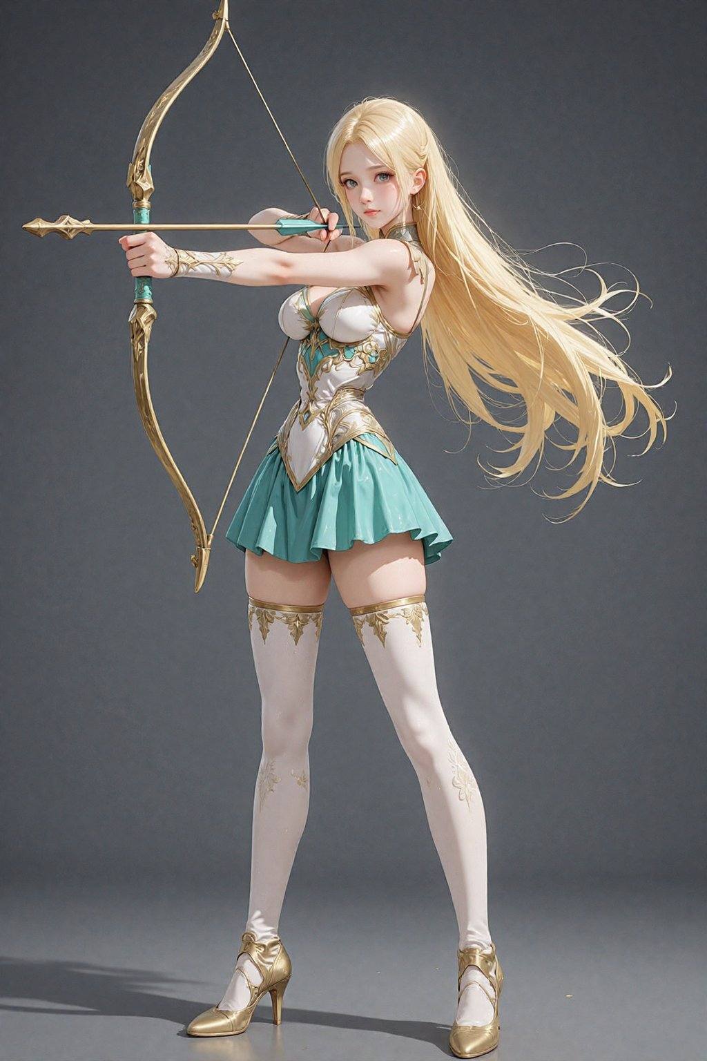 A digital illustration showcases a fair-skinned,  young woman of indeterminate ethnicity,  wielding a bow. She is clad in...