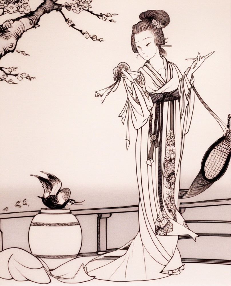 1girl, solo, horns, hand fan, japanese clothes, brown hair, long hair, looking at viewer, pointy ears, flower, hair ornament, holding, hair flower, kimono, twintails, gloves, parted lips, pink flower, bare shoulders, hair bun, cherry blossoms, off shoulder, , B&W,line art,, monochrome, greyscale, fine art parody
