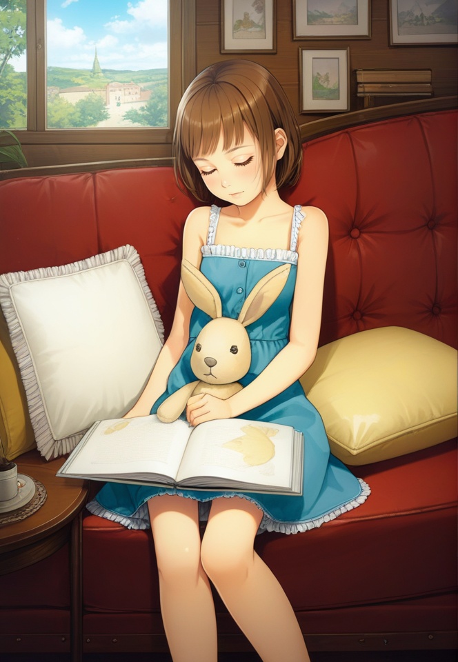 (best quality), ((masterpiece)), (highres), illustration, original, extremely detailed,  <lora:疗愈天空:0.7>1girl, solo, stuffed toy, brown hair, book, stuffed animal, dress, couch, closed eyes, sitting, stuffed bunny, pillow, short hair, sleeping