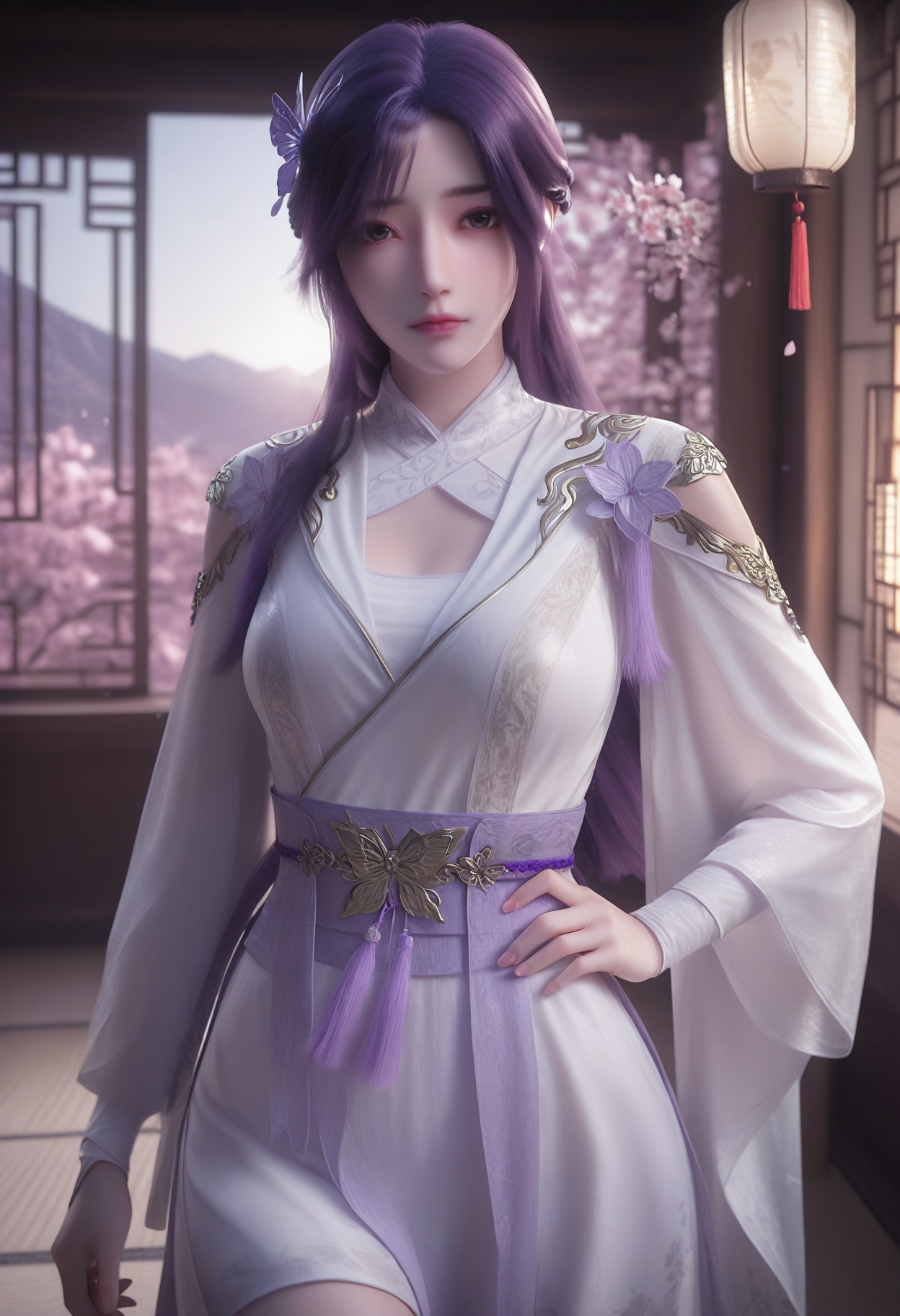 Yun_**_new,1girl,hair ornament,purple hair,long hair,solo,blurry background,looking at viewer,black eyes,bangs,hair flower,butterfly hair ornament,braid,realistic,<lora:Yun_**_*****_10_illu-000004:0.75>,white dress,purple dress,sash,chinese clothes,long sleeves,clothing cutout,photorealistic,hyperrealistic,<lora:realistic filter [IL]:1>,(pale skin:0.8),looking at viewer,standing,one hand on hip,lantern,open window,looking at viewer,indoors,mountains,blossoms,flowers,east asian architecture,beautiful sunrise,warm ambient temperature,