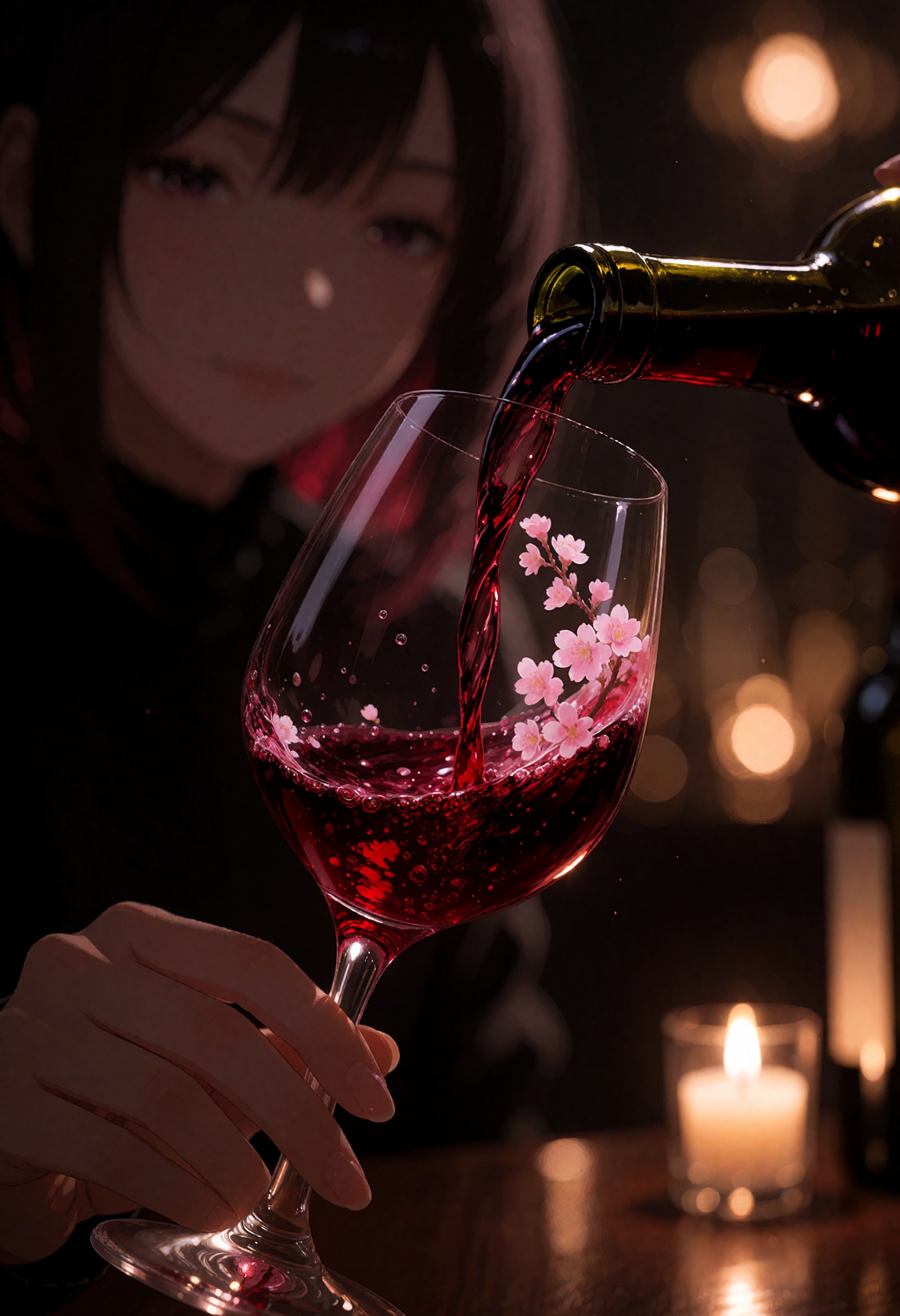 A cinematic,  close-up macro photograph captures deep red wine being poured from a dark glass bottle into a clear,  elegan...