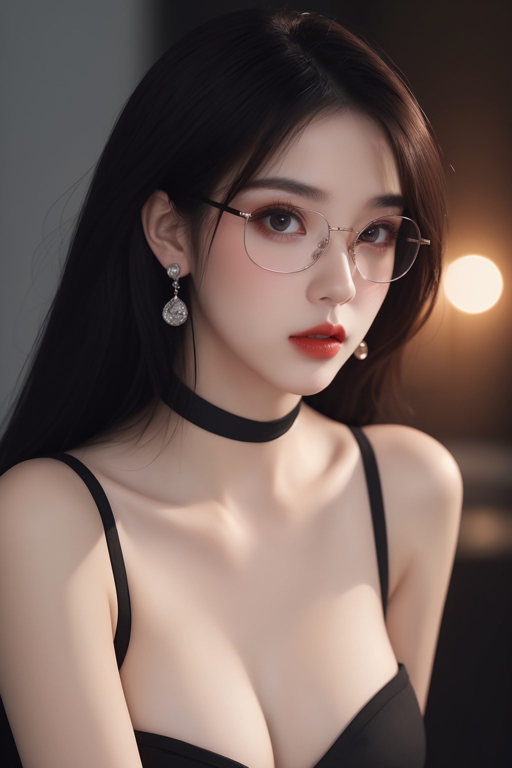 1girl, black choker, black hair, blurry, blurry background, blurry foreground, breasts, choker, cleavage, collarbone, depth of field, earrings, glasses, jewelry, large breasts, lips, long hair, looking at viewer, red lips, solo focus <lora:御姐:1>