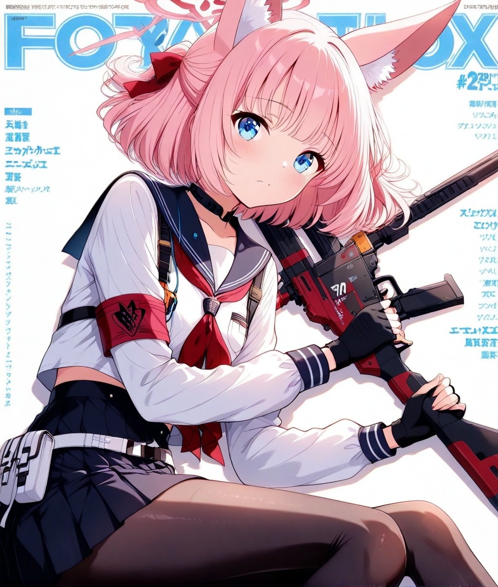 O,ultra detailed anime texture,Yazawa Nico(blue archive),Yazawa Nico(blue archive),1girl, solo, weapon, animal ears, skirt, gloves, blue eyes, fingerless gloves, gun, armband, school uniform, pantyhose, black gloves, pink hair, halo, red neckerchief, black pantyhose, neckerchief, looking at viewer, black skirt, sailor collar, serafuku, animal ear fluff, short hair, long sleeves, fox ears, simple background, closed mouth, bangs, lying, shirt, pleated skirt, white shirt, shotgun, on side, white background, choker,(aesthetics ),masterpiece,best quality,ultra high definition,32K resolution,clear focus,delicate details,high-end texture,fashion photography,film perspective,rich colors,color palette,advertising style,tension composition,masterpiece,mild atmosphere,latest,dynamic Dutch perspective,transparent composition,magazine cover,cover,