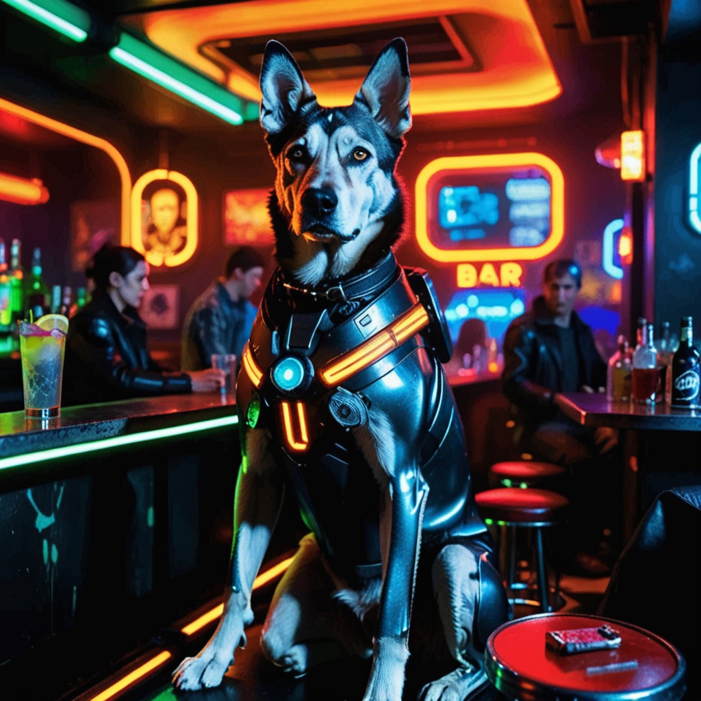 bar photo,<lora:barphoto_XL:0.6>,Features: The man is dressed in futuristic attire, with a resolute expression and deep eyes, conveying the tenacity of a survivor in a post-apocalyptic world. The loyal companion dog by his side also displays sci-fi characteristics, such as mechanical enhancements.Atmosphere: The dim lights and flickering neon inside the bar create a sense of loneliness and desolation of a future world after the apocalypse.Style: A strong futuristic style that combines retro sci-fi elements with the imagery of a post-apocalyptic world.Background: The interior of the bar is filled with high-tech devices and apocalyptic-style decorations, showing a sense of mixed civilization in decay.Lighting: The interplay of dim yellow lights and flickering neon brings a sense of mystery and the unknown to every corner of the bar.