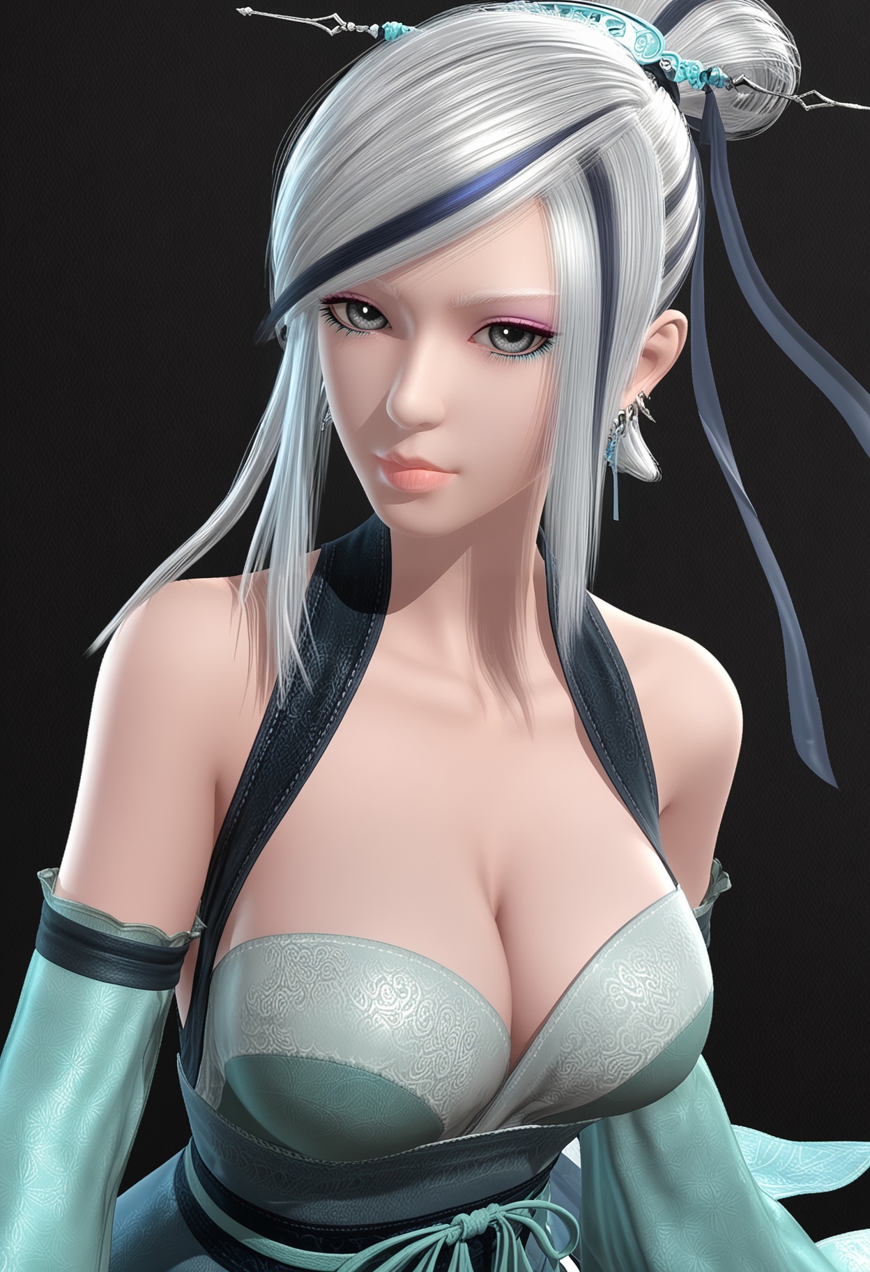 score_9,looking_at_viewer,large breasts,xiaomeng,1girl,solo,white hair,hair ornament,bare shoulders,grey eyes,lips,single hair bun,dress,earrings,cleavage,jewelry,detached sleeves,streaked hair,hair stick,makeup,wide sleeves,high_heels,(simple background,pure black background,black background:1.1),perfect_anatomy,<lora:QQSponyxiaomengV1:0.8>,