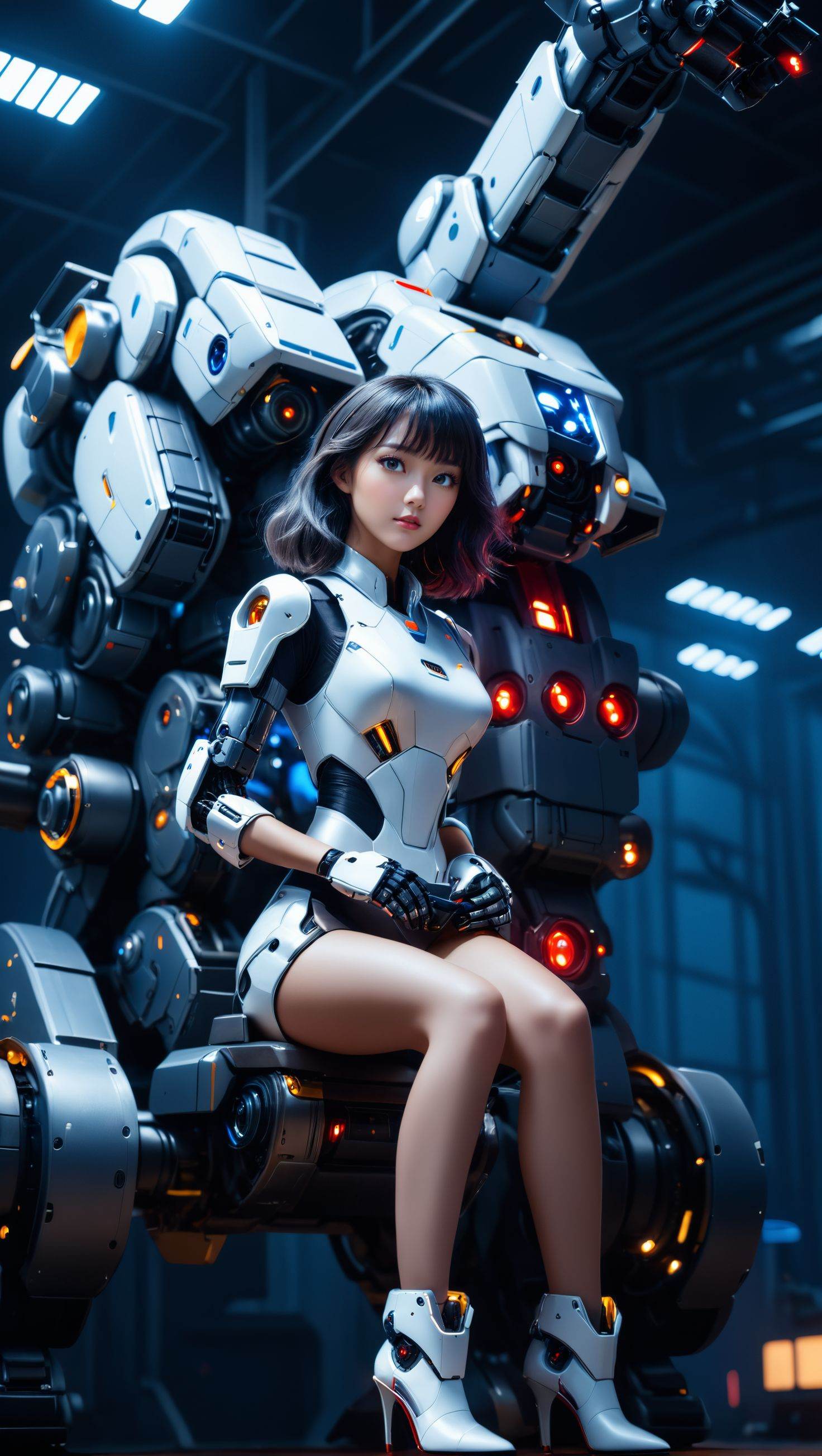 cinematic film still ((full_shot:1)),wide_shot,panorama,cowboy_shot,(a girl sits on the robot arm:1.2),the mecha set wraps around the whole body,(wearing a gray high-heeled shoe with technological light elements:1.2),a girl wearing a mecha style,a set full of technological elements,in the future world of technology,absurdres,detailed,equipped with mechanical high-tech,white robot set with blue accents,this set is equipped with various small tools and lighting,including red and blue glowing details,<lora:JA机甲1.0>, . shallow depth of field, vignette, highly detailed, high budget, bokeh, cinemascope, moody, epic, gorgeous, film grain, grainy