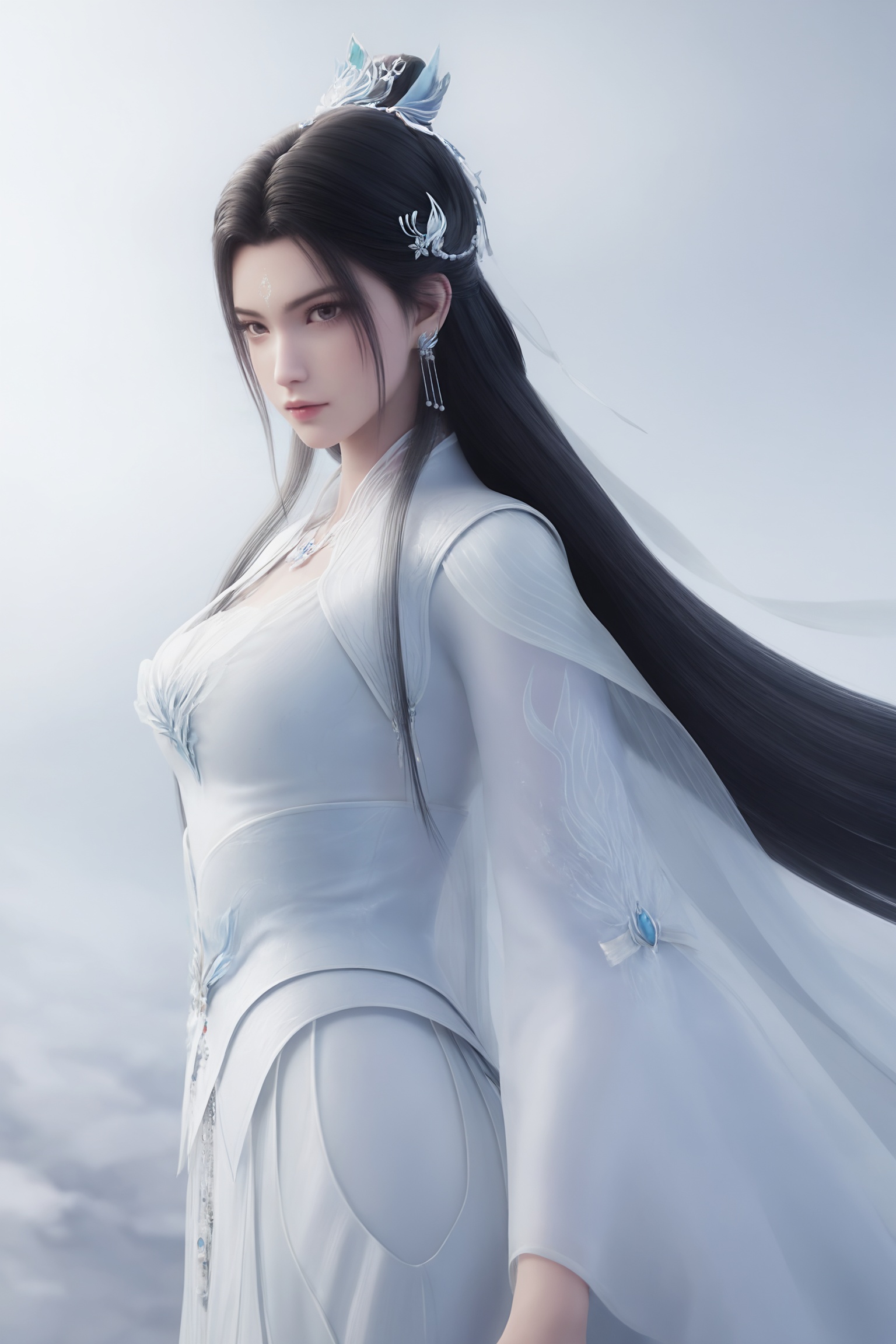 photo realistic,masterpiece,best quality,soft glow,skin texture,realistic style,white background,upper body,looking at viewer,<lora:诛仙3-陆雪琪ILL:0.8>,long,flowing black hair,flowing white gown with a high collar,long sleeves,and a fitted bodice,adorned with intricate embroidery and delicate,sparkling elements. flowing white gown with a high collar,long sleeves,and a fitted bodice,adorned with intricate embroidery and delicate,sparkling elements.,