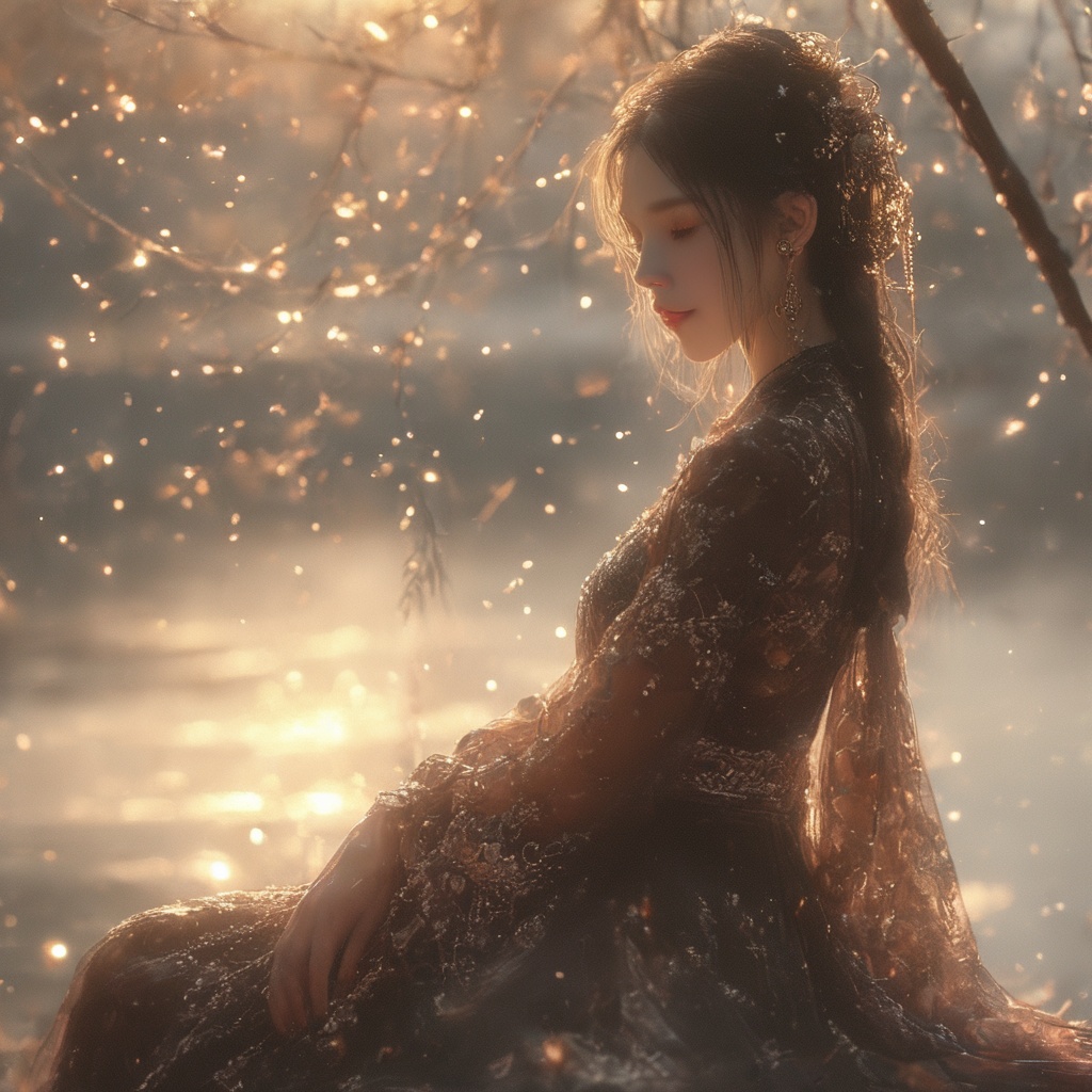 AncheReddressgirl, 1girl, solo, jewelry, earrings, hair ornament, long hair, closed eyes,sitting, black hair, long sleeves, dress, from side,<lora:AnchemixReddressgirl-000009:1>,