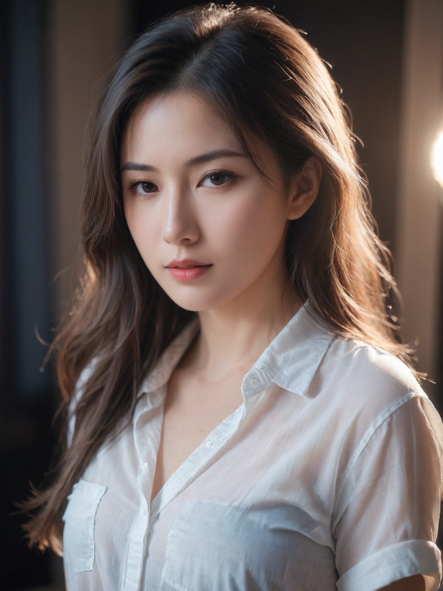 RAW photo,portrait of a beautiful woman wearing a shirt (high detailed skin:1.2),8k uhd,dslr,soft lighting,high quality,film grain,Fujifilm XT3,