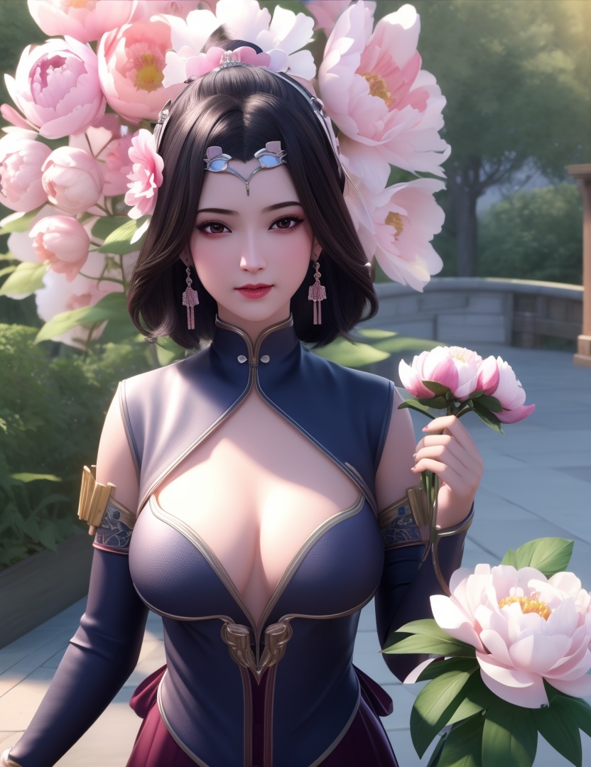 <lora:529-DA-诛仙-幽姨:0.8>(,1girl, ,best quality, ),looking at viewer,  ,,ultra detailed background,ultra detailed background,ultra realistic 8k cg, , ,masterpiece, (( , )),,, ultra realistic 8k cg, ,      ,peony \(flower\),(cleavage), (),