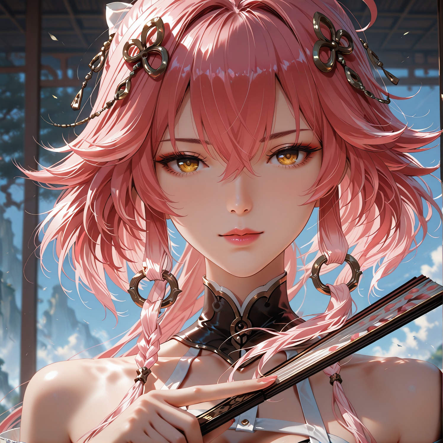 (wlop:0.6),best quality,very aesthetic,pink lips,thin lips,sexy,folding_fan,fan,holding fan,holding,holding fan,solo,open folding fan,the fan blocks half of the face,upper body,<lora:长离长离:1>,changli,1 woman,yujie,long hair,bangs,hair ornament,hair between eyes,yellow eyes,pink hair,ahoge,red hair,