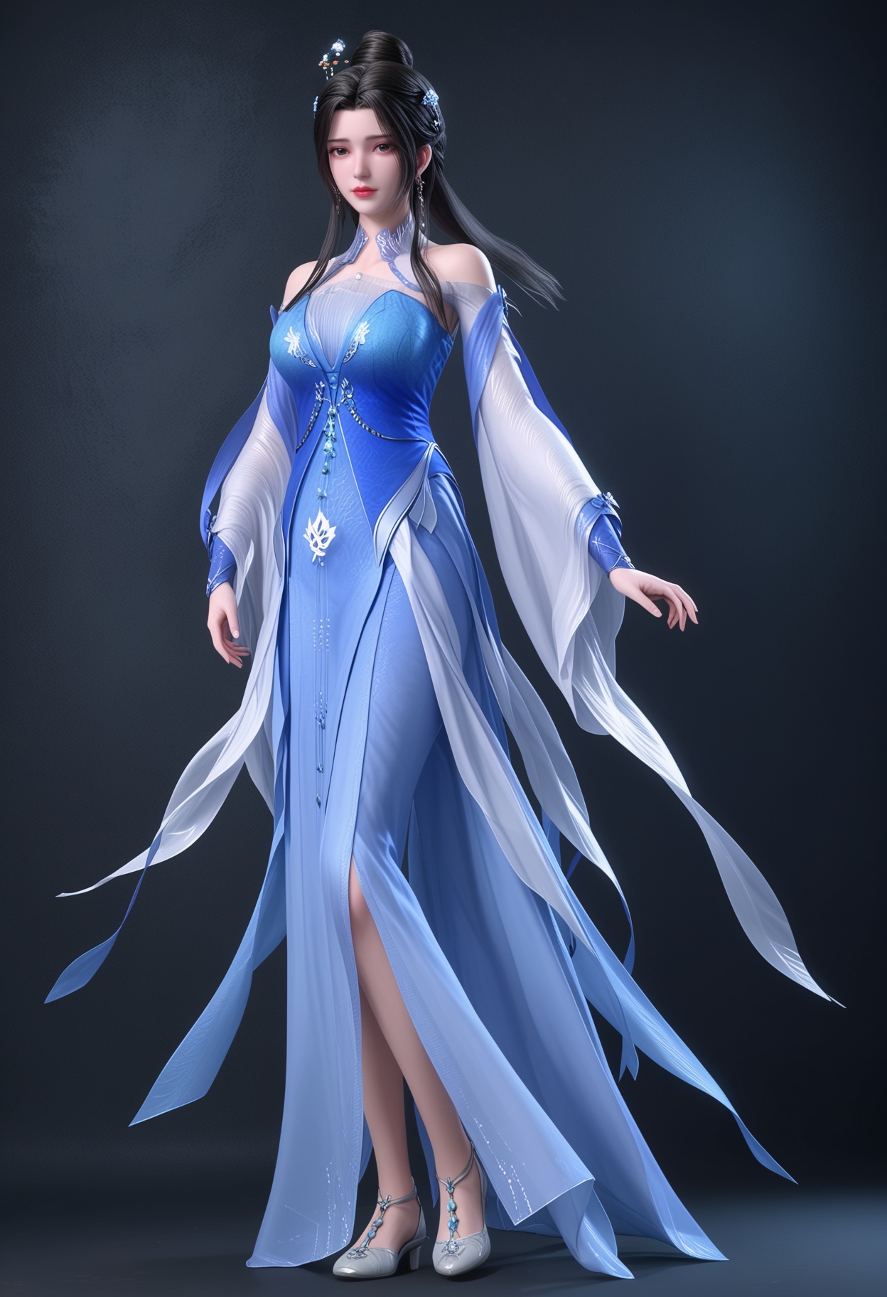 (full body:1.1),67.<lora:YQponylimuwan1V4:0.8>,(q1528437228:1.1),solo,1girl,black_hair,long_hair,hair_ornament,dress,jewelry,earrings,blue_dress,hair_bun,chinese_clothes,long_sleeves,single_hair_bun,realistic,black_eyes,bare_shoulders,ponytail,hanfu,see-through,hair_stick,detached_sleeves,,(huge breasts:0.8),(looking_at_viewer:1.1),(mature female:1.3),BREAK intricate details,shiny_skin,solo focus,perfect_anatomy,(score_9:1.3),(simple background:-1),(blurry:-1.2),(masterpiece:1.3),(best quality:1.3),(simple background,pure black background,black background:1.1),