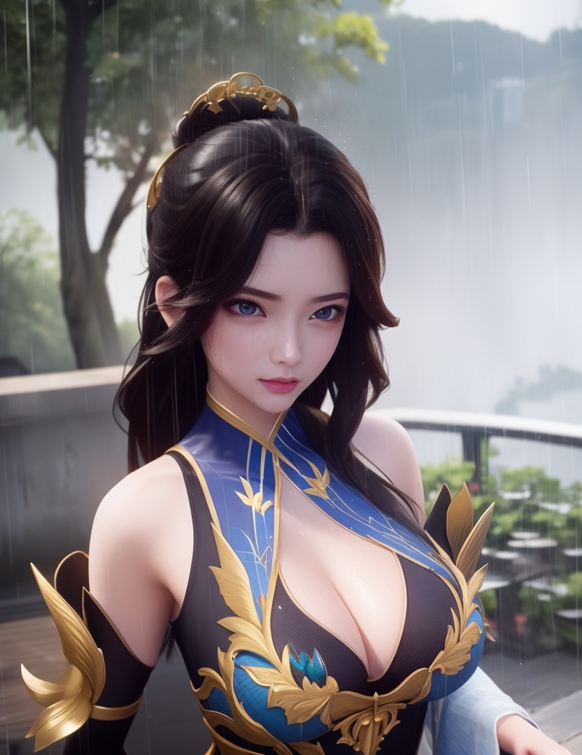 <lora:514-DA-万古狂帝-柳妃:0.8>(,1girl, ,best quality, ),looking at viewer,masterpiece, (( , )),,ultra realistic 8k cg, ,      ,building, bare_shoulders,cleavage cutout, eyelashes,magic,hydrokinesis,sweat, wet, rain, ,       (cleavage), (),
