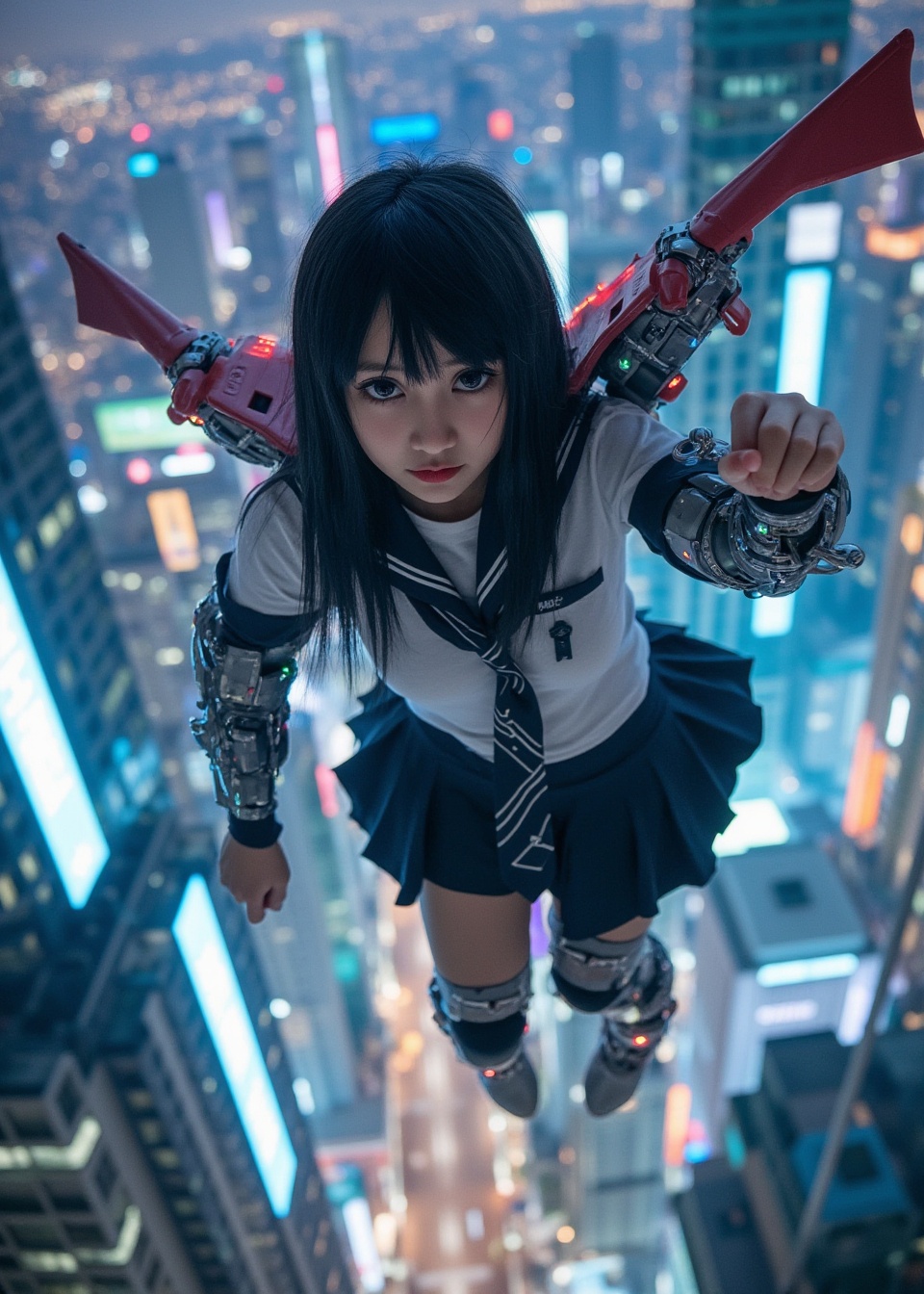 Ultra-realistic Japanese high school girl (JK), cute and slightly sexy, wearing a stylish modified school uniform, fierce demon-like expression, part-cybernetic body, with high-tech mechanical wings and advanced sci-fi weapons attached to her arms and back, glowing mechanical parts, realistic skin textures, flying high above a futuristic cyberpunk city at night, surrounded by neon lights, illuminated skyscrapers, light reflections on glass buildings, cinematic lighting, highly detailed, sharp focus, 8K resolution, photorealism, epic and dramatic atmosphere"