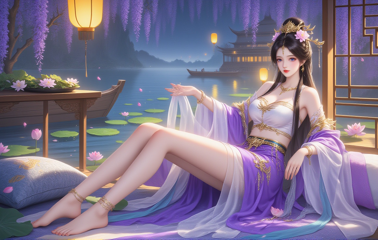Dunhuang apsaras,Vibrant,intricate,anbest quality,4k,8k,highres,masterpiece,1girl,solo,sitting,uchiwa,hoding uchiwa,anklet,table,pillow,spaking feet,black hair,blue eyes,long hair,hair ornament,hair flower,hair bun,bracelet,bare legs,skirt,crop top,midriff,toes,jewelry,detached sleeves,bare shoulders,cleavage,kongming lantern,lantern,bamboo boat,lotus leaf,lotus,water,fish,outdoors,wisteria flower,lake,petals,night sky,",<lora:Asirguomanstyleflux:0.31>,<lora:test:0.3>,