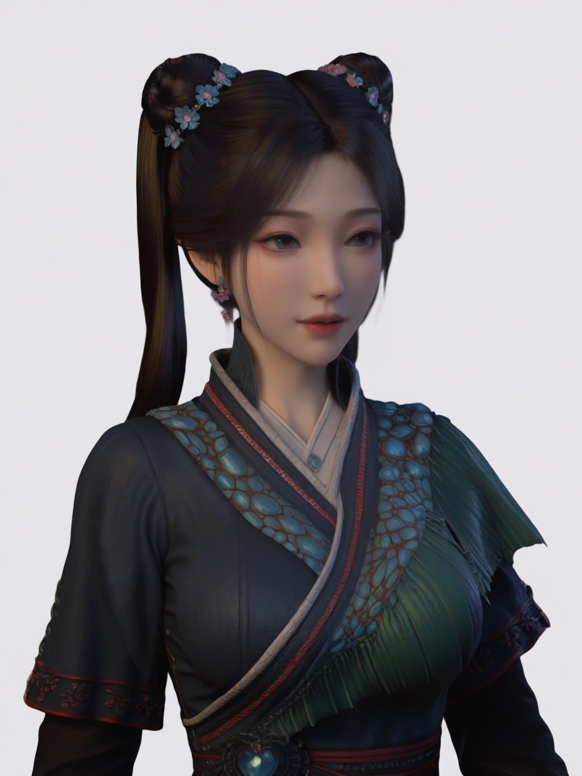 score_9,<lora:SF_MeiNing_Pony_Realism2.3-000004:0.7>,1girl,breasts,standing,eyelashes,lipstick,double bun,twintails,hair ornament,solo,dress,jewelry,long sleeves,upper body,large breasts,Side face,white background,simple background,
