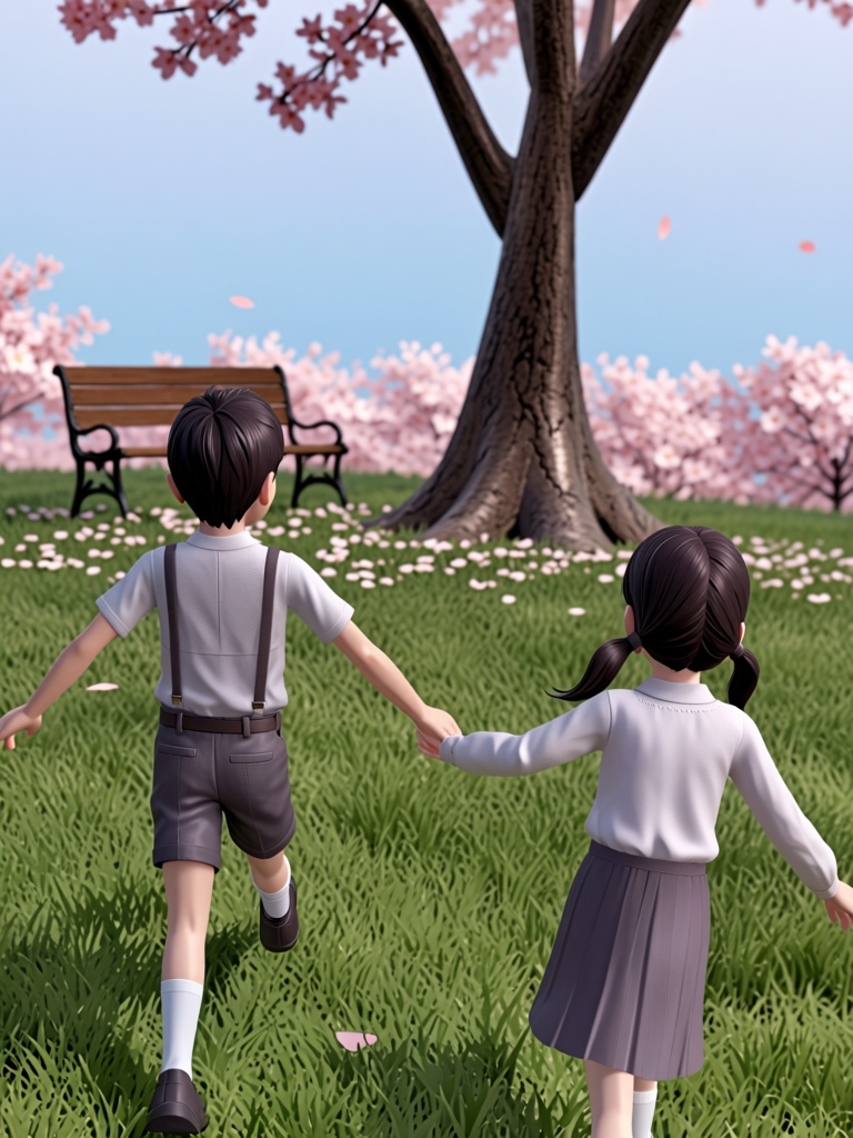 This 3D anime-style full shot depicts two young children running away across a grass path in a serene outdoor setting. The...