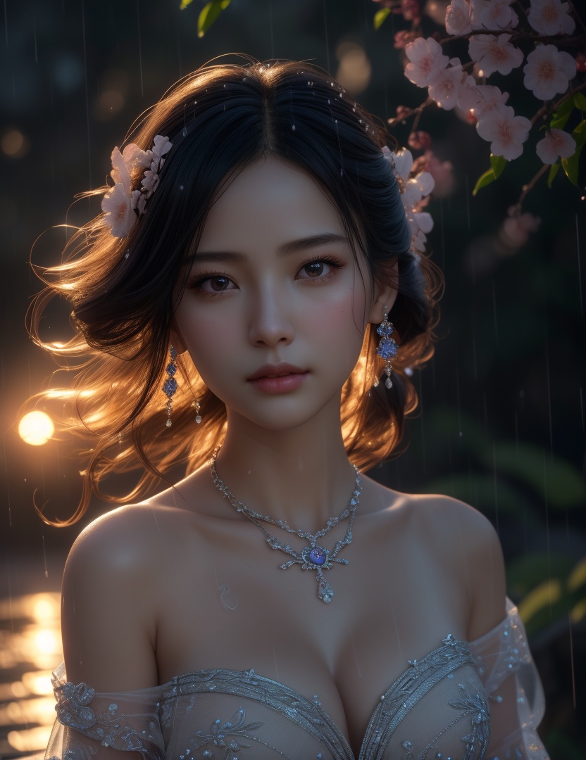 (,1girl, ,best quality, ),looking at viewer,  ,,ultra detailed 8k cg, ultra detailed background ,ultra realistic 8k cg,          cinematic lighting, cinematic bloom, (( , )),,  , unreal, science fiction,  luxury, jewelry, diamond, pearl, gem, sapphire, ruby, emerald, intricate detail, delicate pattern, charming, alluring, seductive, erotic, enchanting, hair ornament, necklace, earrings, bracelet, armlet,halo,masterpiece, (( , )),, realistic,science fiction,mole,   ,cherry blossoms,,(((Best quality, masterpiece, ultra high res, (photorealistic:1.4), raw photo, 1girl, ,rain, , sunlight, sunset, qianqiu wanxia,     )))  (cleavage), (),