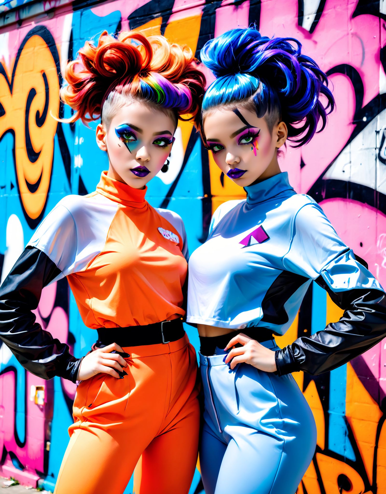 Photo of two young women wearing avant-garde fashion,  standing in front of a graffiti-covered wall. They have vibrant,  c...