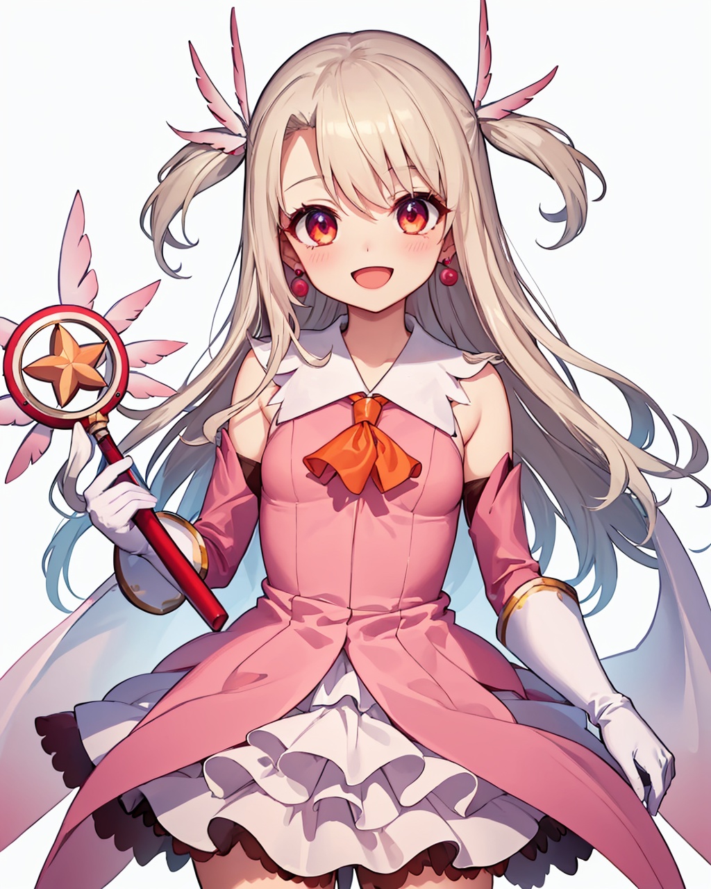 masterpiece,best quality, highly detailed, prisma illya,1girl, solo, magical girl, open mouth, earrings, white gloves, feather hair ornament, two side up, looking at viewer, pink dress, holding wand, :d, small breasts, elbow gloves,<lora:prisma_illya:1>