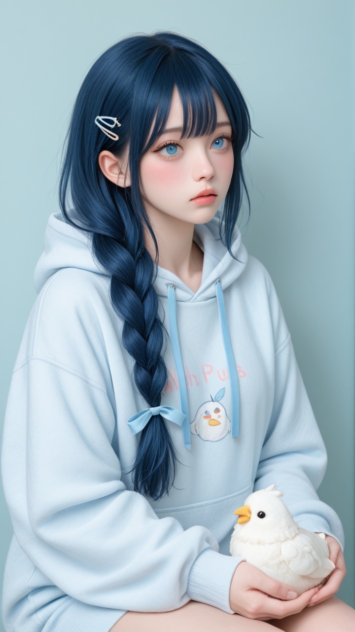 This is a digital anime-style illustration featuring a young girl with long,  dark blue hair adorned with a small white ha...