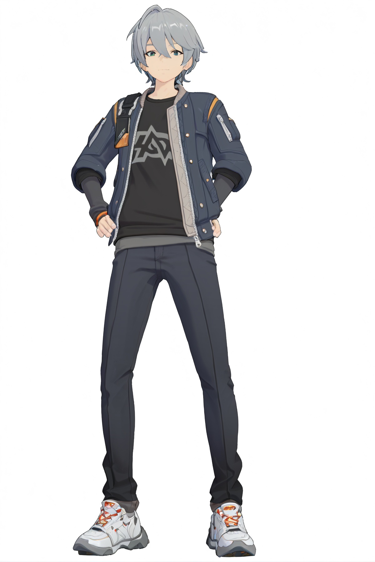 score_9, score_8_up, score_7_up, score_anime, 8k, best quality, masterpiece, (ultra-detailed), (white background:1.2), solo, hands on hip, (full body:1.1), looking at viewer, <lora:zzzstyle-pony-Tanger:0.8>,zhe, zhe's def clothes, zzz style, 1boy, jacket, sneakers, grey hair, shoes, pants