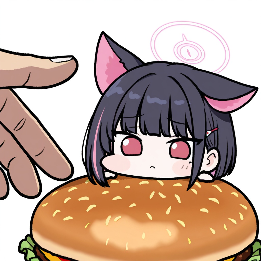 chibi,1girl,solo,upper body,,kazusa \(band\) \(blue archive\),blue archive,animal ears,black hair,cat ears,colored inner hair,halo,multicolored hair,pink hair,short hair,extra ears,two-tone hair,red eyes,pink halo,hairclip,hair ornament,pink eyes,simple background, white background,  food, solo focus, out of frame, closed mouth, frown, pov hands, minigirl,  burger, pov, looking at viewer,white background,simple background,<lora:JazzJack_noob1:1>,