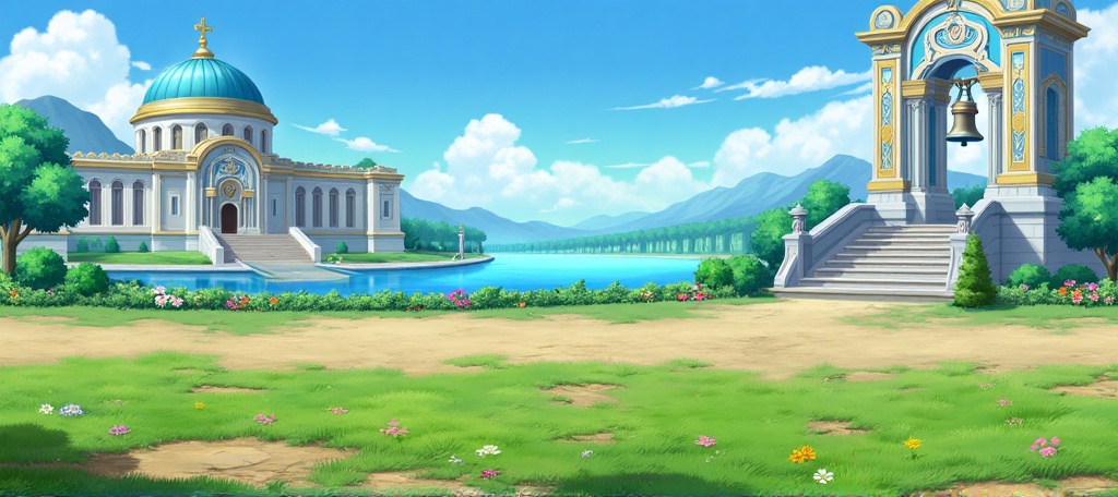 HBscene,HBscene,This image presents a vibrant and idyllic landscape featuring a grand architectural setting. On the left,a majestic building with a large dome and ornate details stands out,adorned with golden accents and a prominent cross on top. The structure is surrounded by lush greenery and a serene body of water that reflects the bright blue sky.,To the right,a smaller building with a staircase and decorative bells adds charm to the scene. The bells hang from elegant arches,enhancing the atmosphere of tranquility. Colorful flowers dot the grassy foreground,contributing to the lively,cheerful ambiance.,The sky is filled with fluffy white clouds,casting soft shadows over the landscape,while distant mountains create a picturesque backdrop. Overall,the scene evokes a sense of peace and harmony,reminiscent of a magical or enchanted realm.,