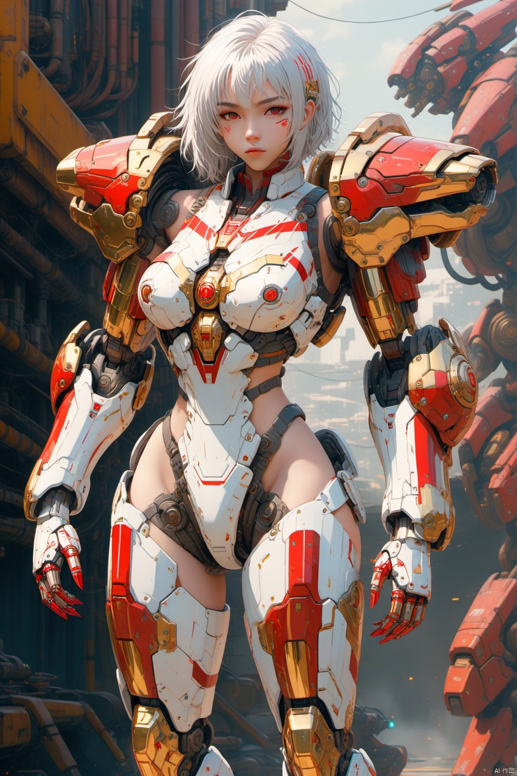 Pretty girl, big breasts, sunny outgoing, white hair, future battle suit, gold plated, electroplated paint, steel mech, Cyberpunk with sci-fi background, 3D, anime style, red stripes, full body<lora:EMS-94469-EMS:0.800000>, <lora:EMS-263250-EMS:0.100000>
