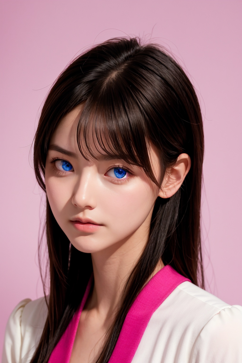 <lora:AgainEyes:1.75>,1girl,black hair,portrait,white dress,blue eyes,shining eyes,(pink simple background:1.25),