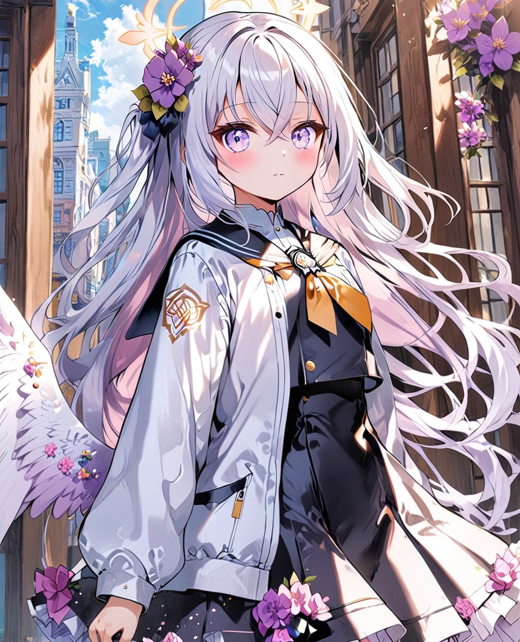 parameters: "O,azusa (blue archive),1girl,solo,azusa (blue archive),halo,long hair,flower,wings,hair flower,hair ornament,looking at viewer,white hair,bangs,hair between eyes,outdoors,long sleeves,school uniform,jacket,sailor collar,crossed bangs,purple flower,black dress,white jacket,holding,dress,blush,white wings,bag,closed mouth,building,very long hair,day,open jacket,purple eyes,low wings,