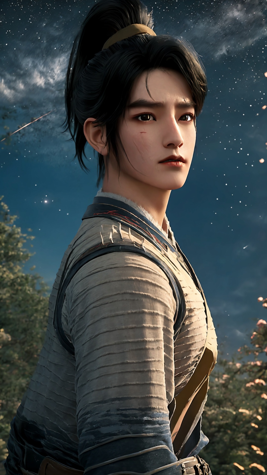 solo,black hair,looking at viewer,realistic,black eyes,lips,closed mouth,scar,short hair,ponytail,day,<lora:Chenpingan Boy_20240906021908:0.8>,1boy,<lora:20240601-1717253745719:0.7>,old,ponytail,<lora:hanfu_20231118200453:0.7>,upper_body,the top of the hill,starry sky,cumulus_fractus,full_armor,