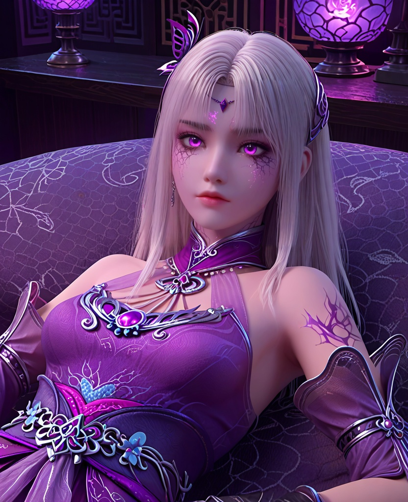 (oriental architecture, elegant decor, sophisticated style:1.1),(laying down:1.1),(breasts:1.2),<lora:XL斗破苍穹小医仙P:0.85>,elder sister,purple dress,white hair,(purple eyes:1.1),bangs,hair ornament,bare shoulders,purple veil,jewelry,fingerless gloves,sash,(facial tattoo:1.2),(cracked skin:1.2),, score_9,score_8_up,score_7_up,score_6_up,score_5_up,score_4_up,3d rendering,tag1,tag2, Cinematic Lighting,backlighting,