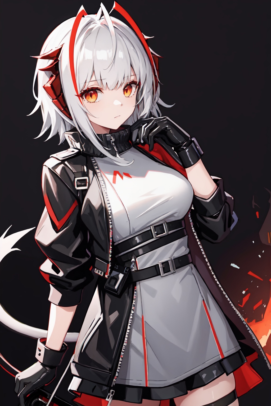 w_(arknights),1girl,solo,demon_tail,large_breasts,simple_background,black_gloves,demon_horns,looking_at_viewer,black_jacket<lora:w_(arknights):1>,simple background,white backgroundmasterpiece,best quality, highly detailed, 